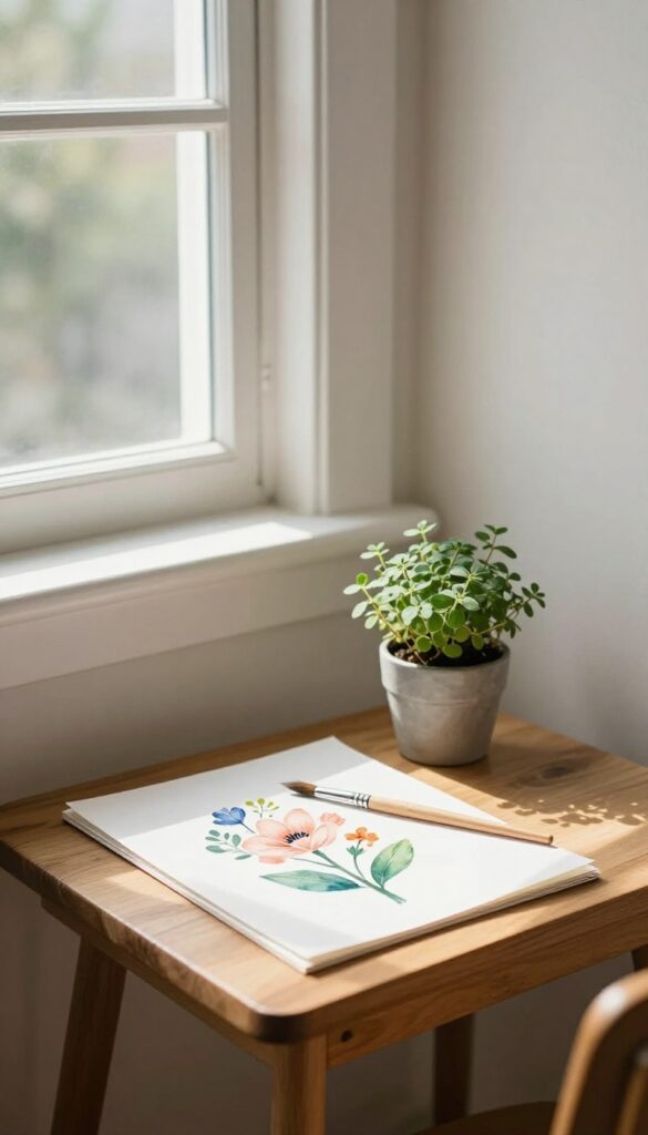 A watercolor set and small herb plant on a wooden table in a sunlit room, representing trying a new hobby for self-care.