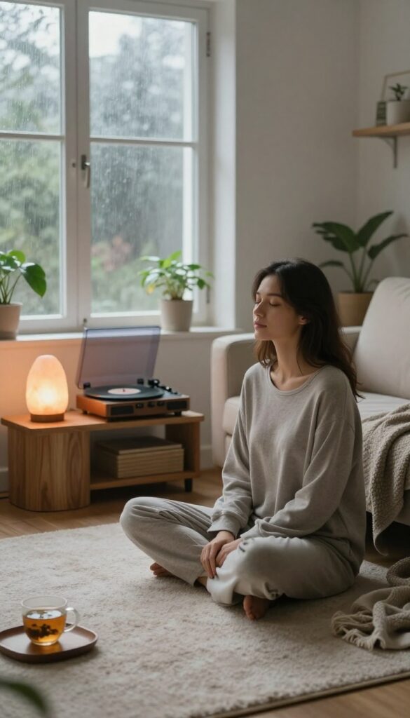 Woman relaxing in cozy living room with instrumental music and nature sounds, screen-free wind down