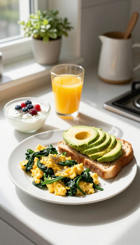 Nourishing breakfast plate with eggs, avocado, and yogurt on a sunlit kitchen counter
