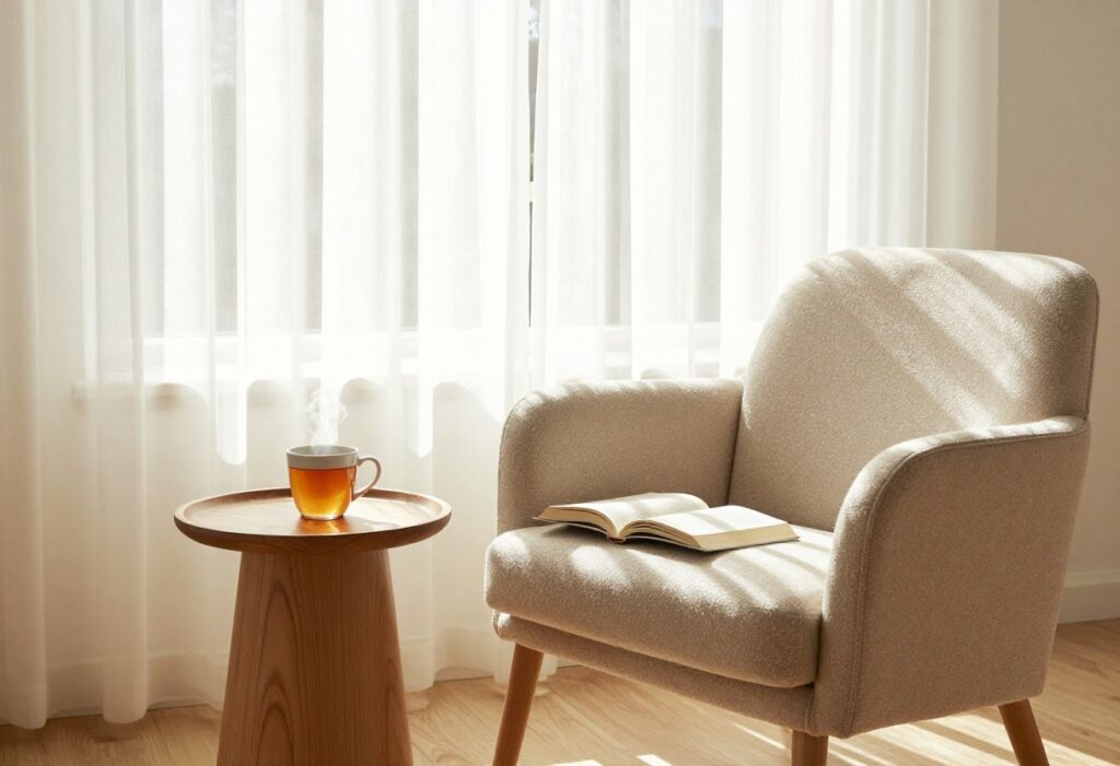 Cozy living room with an armchair, tea, and an open book, no screens visible