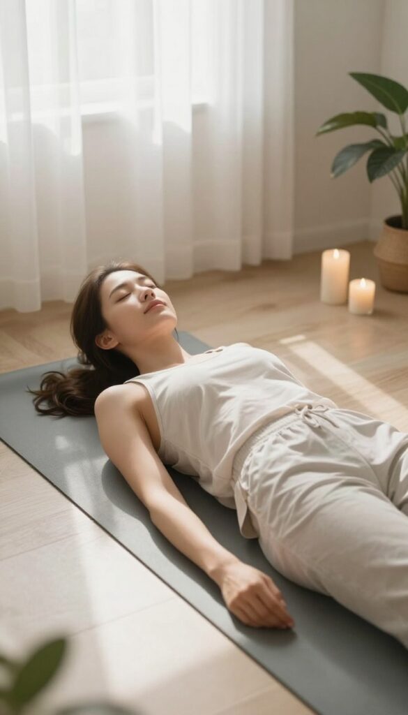 Woman lying on yoga mat doing body scan meditation in calm bedroom