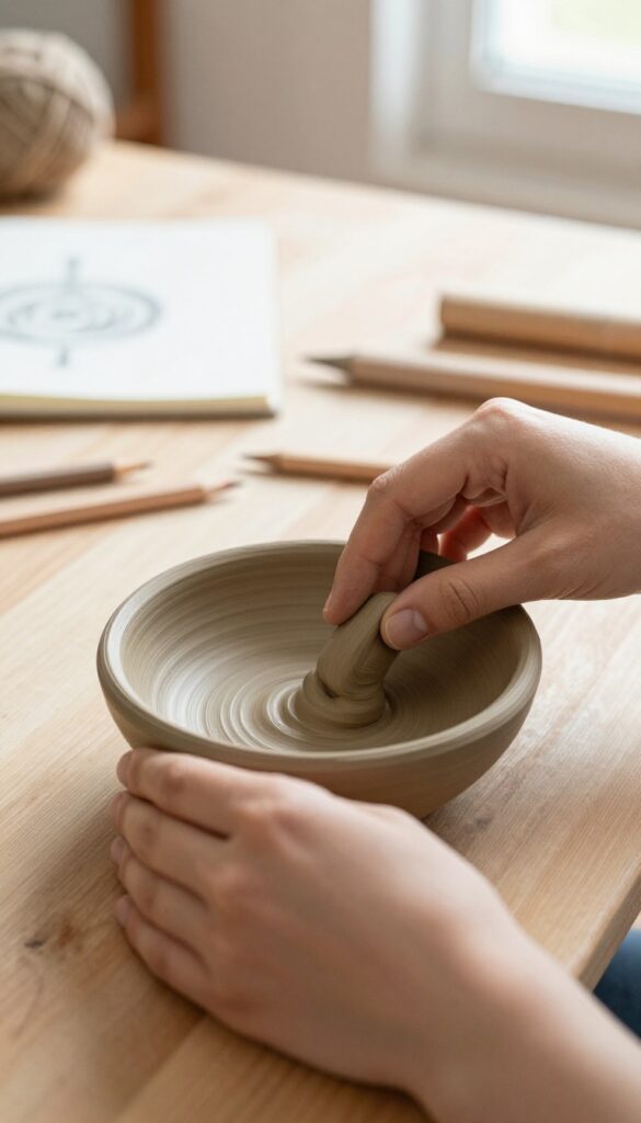 Hands molding clay on a wooden table with natural light, craft supplies in background