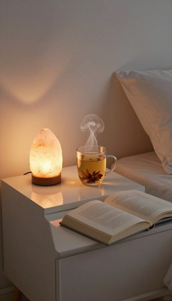 Cozy evening ritual with dim lighting, candle, tea, and book on nightstand