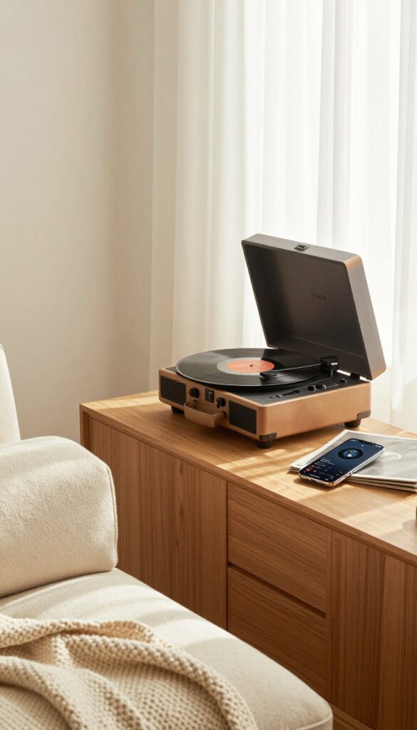 Cozy living room with record player and phone playing music for a self-care playlist