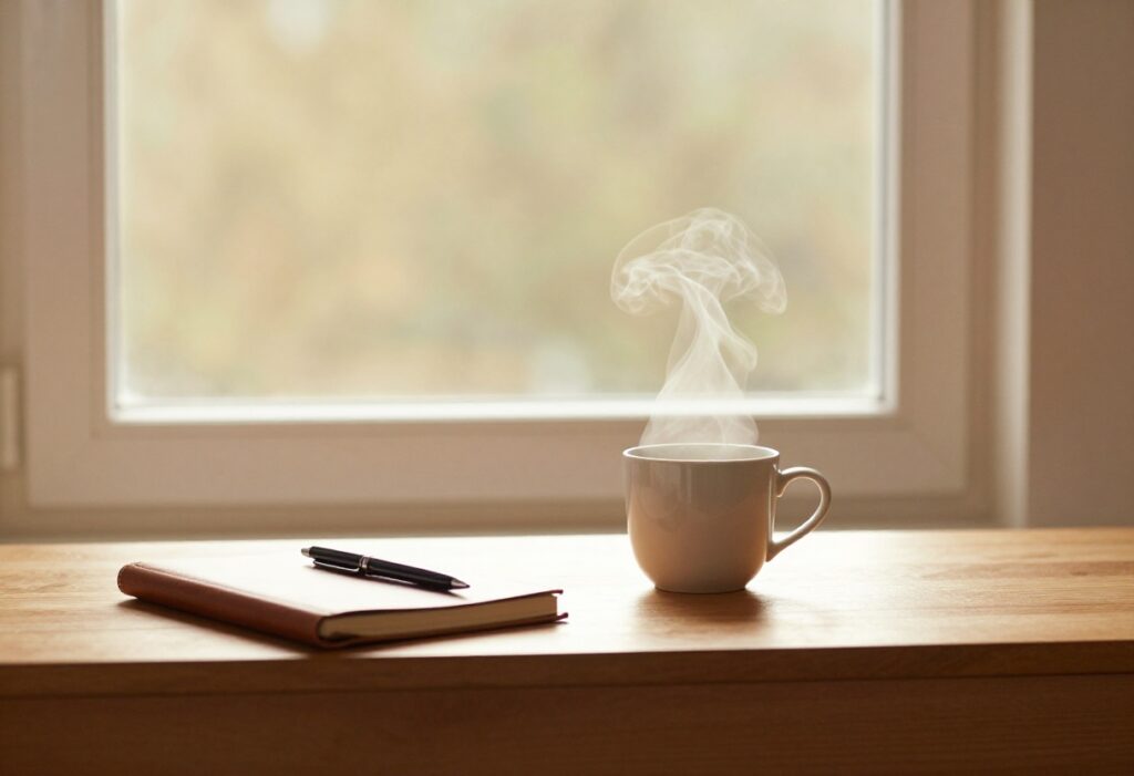 Peaceful morning setup with tea, journal, and sunlight