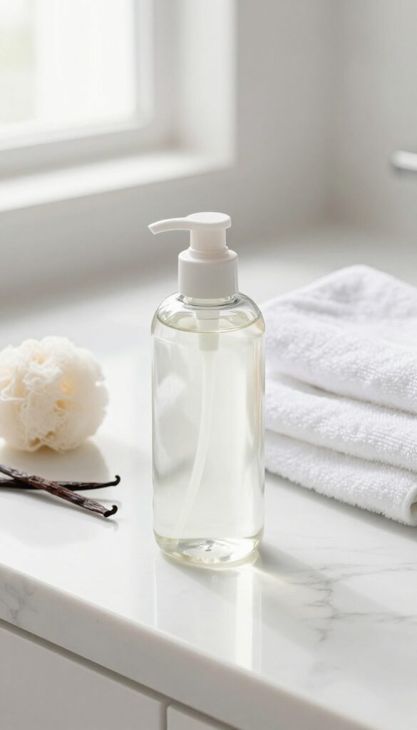 Vanilla bean body wash on marble counter with vanilla beans and loofah