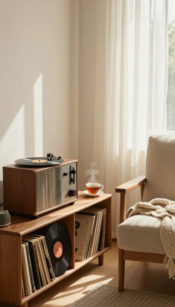Cozy living room corner with record player and tea, evoking mood-based music playlists for self-care.