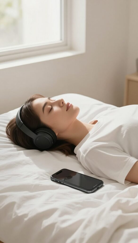 Person lying on bed listening to music with headphones, calm and relaxed