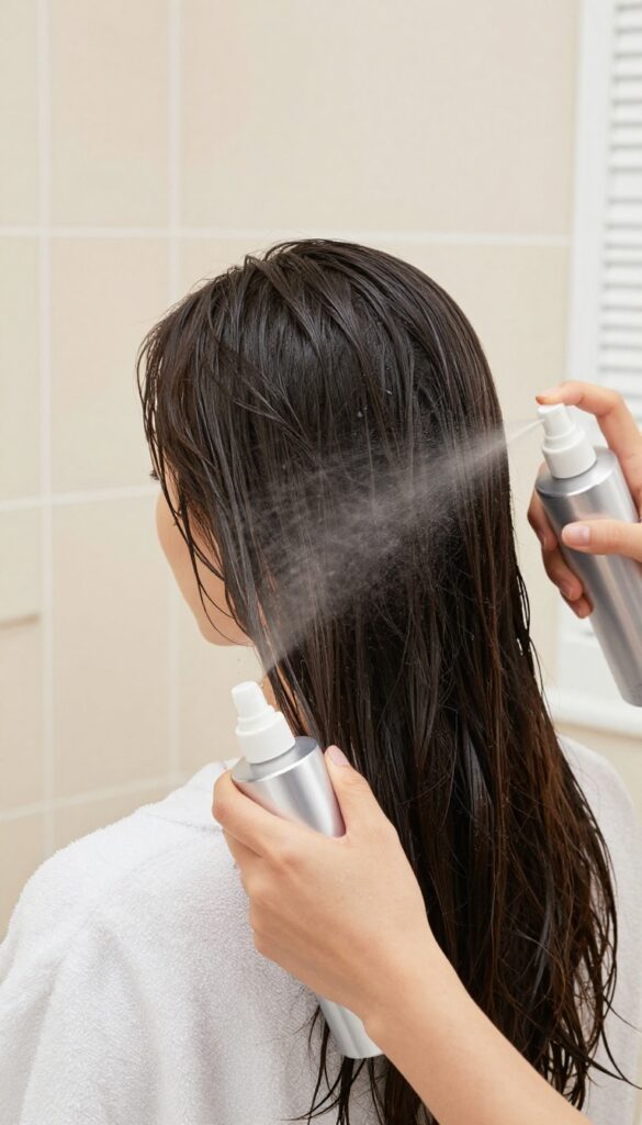 Woman spritzing leave-in conditioner spray on damp wavy hair in bright bathroom