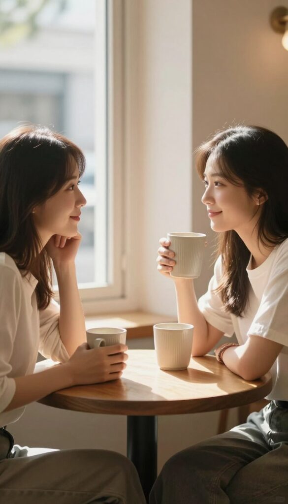 Two women having a heartfelt conversation over coffee in a sunlit café