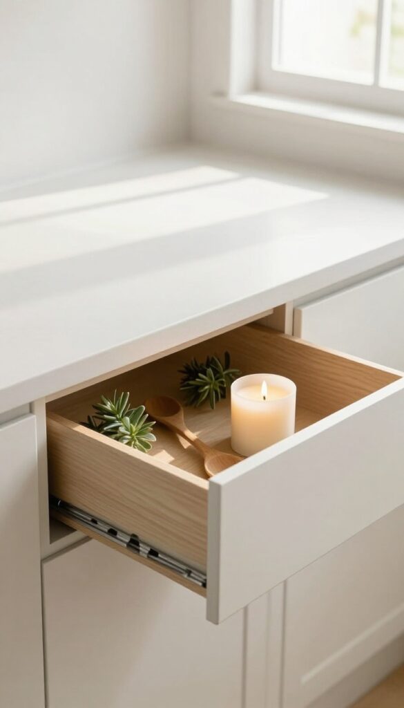 A clean kitchen counter with an open drawer neatly organized, soft natural light, minimalist decor