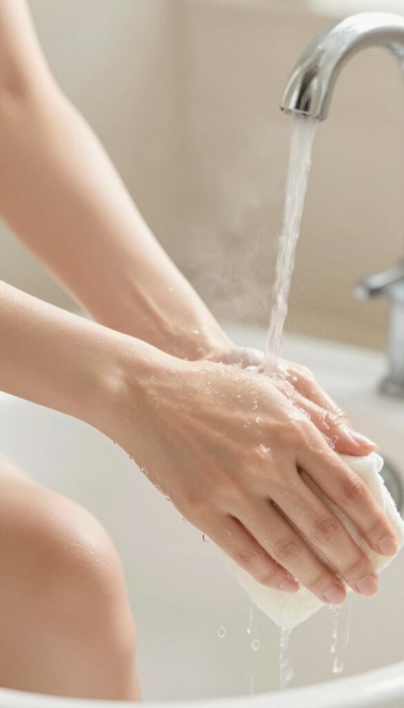 Woman gently washing her arm with a soft washcloth in a bright shower, emphasizing a gentle cleansing technique.
