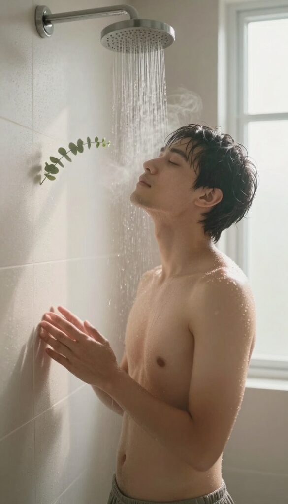 Person deep breathing under warm shower water in a calm, spa-like bathroom