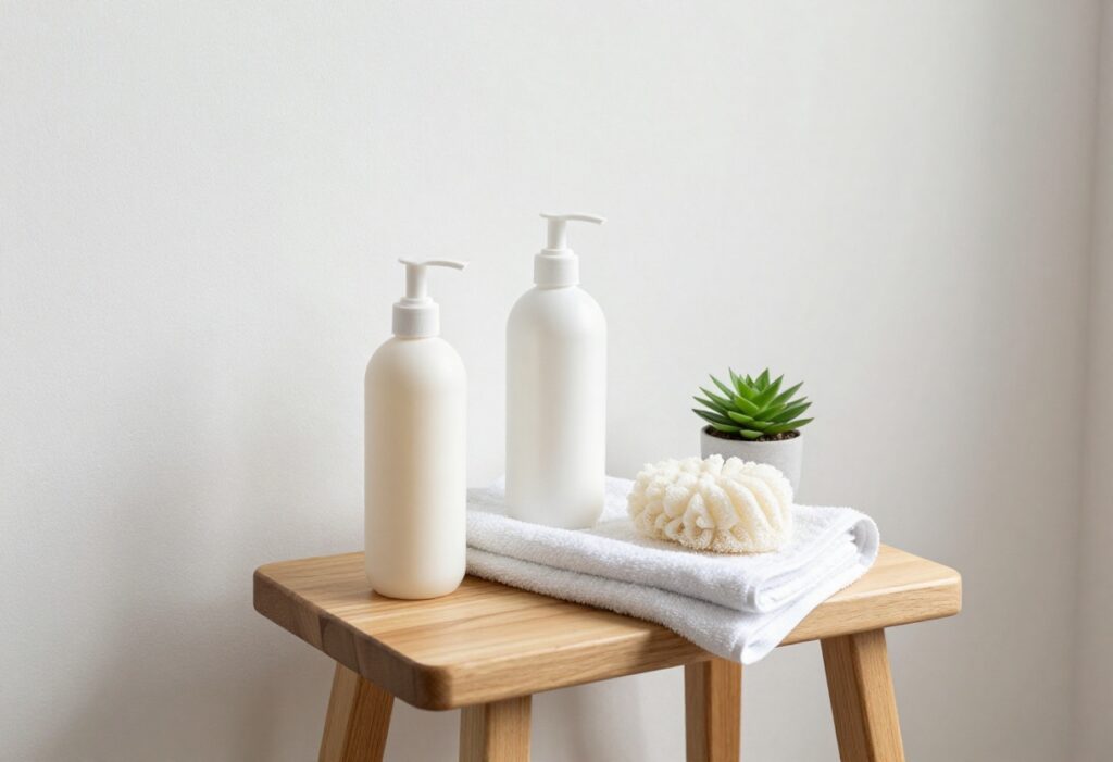 Modern shower setup with wooden stool, towel, body wash, exfoliating mitt, and plant for a relaxing skincare routine.