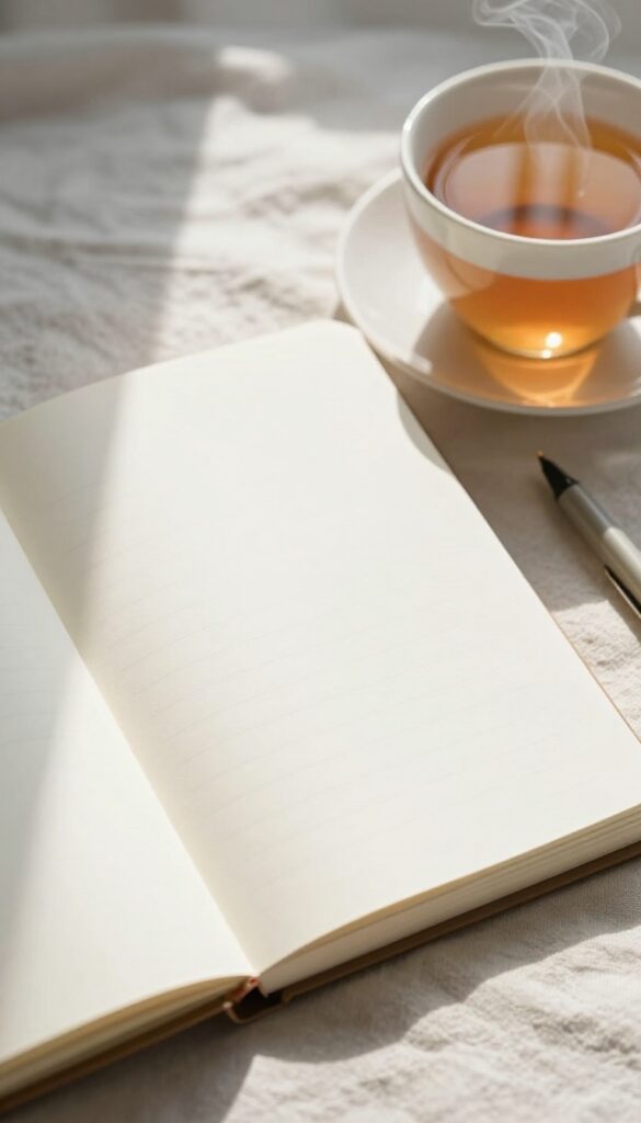 Open journal and pen on bed with tea, soft natural light, calm and minimalist