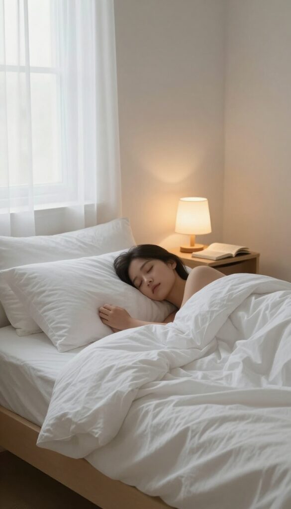 Person sleeping peacefully in a cozy bedroom with soft lighting and moonlight