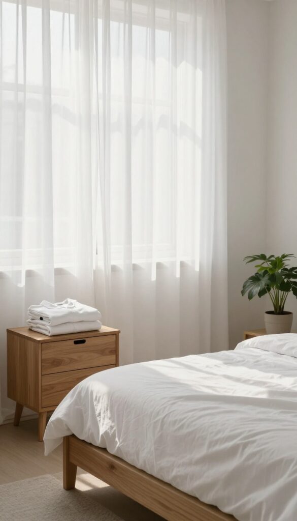 A serene bedroom with a nightstand featuring one folded shirt and a donation box, bathed in soft natural light.