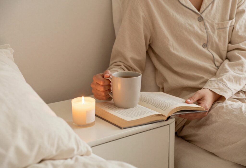 Cozy bedroom with person in pajamas holding tea, book and candle on nightstand