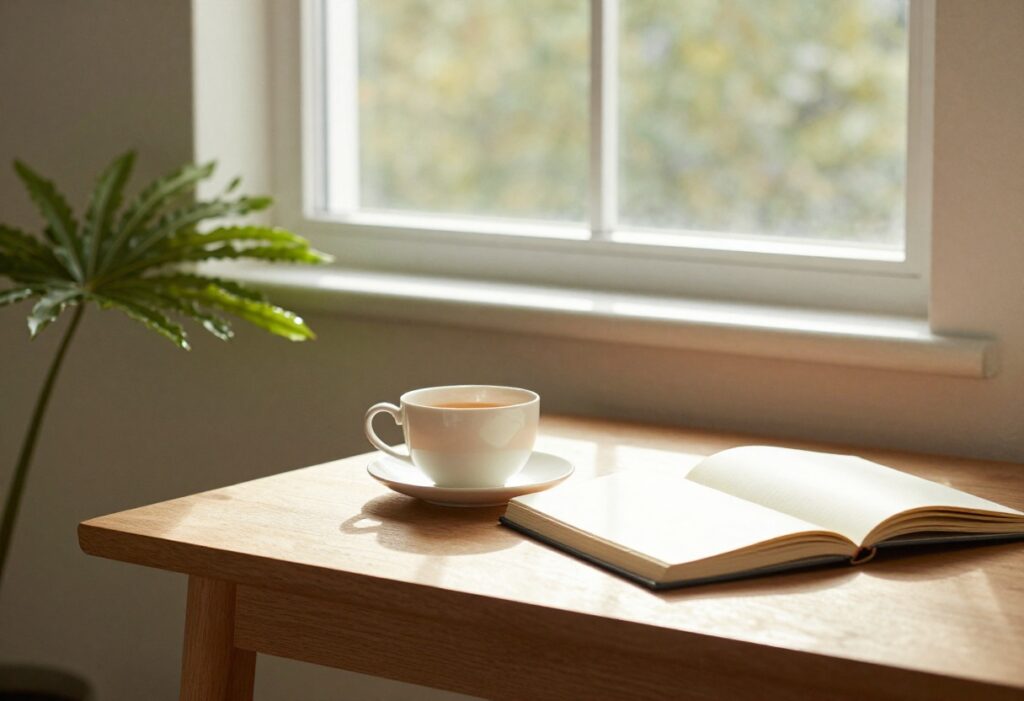 Cozy Sunday morning self-care setup with tea, journal, and plant by a sunlit window