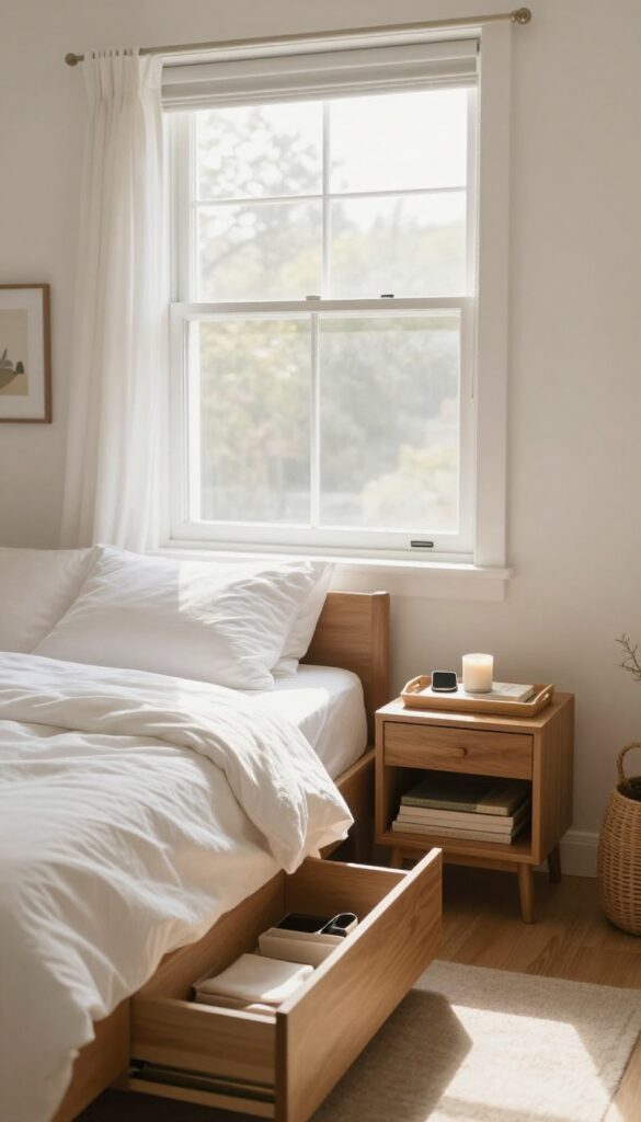 A tidy nightstand with an open drawer showing organized items, in a bright bedroom with natural light.