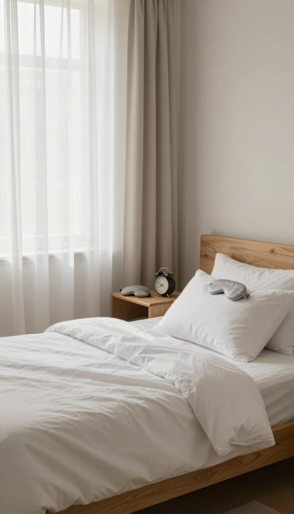 Cozy bedroom nap sanctuary with soft blankets and pillows, blackout curtains, and a peaceful atmosphere.