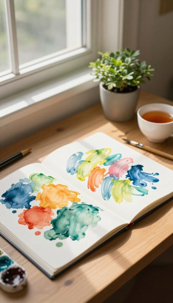 A cozy desk setup with watercolor paints and abstract art, bathed in natural light, evoking a creative and playful mood.