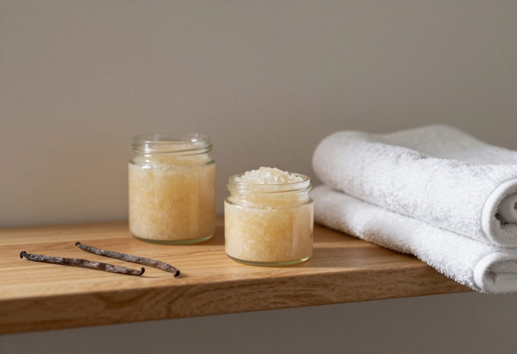 Vanilla body care products on a wooden shelf with vanilla beans and a towel
