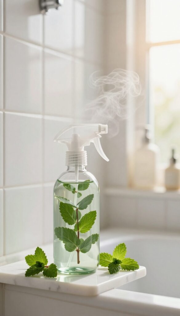 Eucalyptus mint shower spray bottle on marble shelf in steamy bathroom