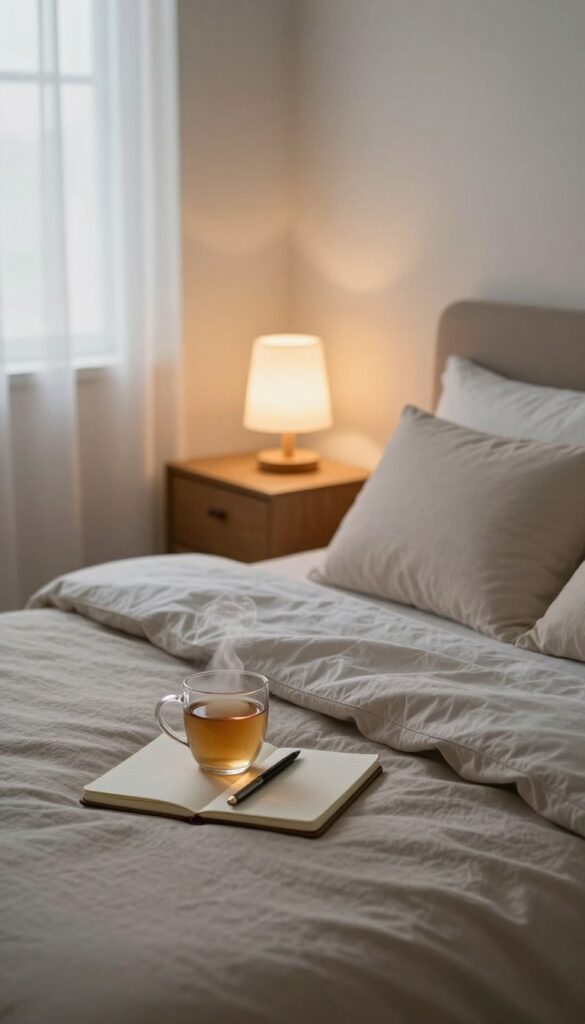Cozy bedroom wind-down ritual with lamp, tea, and notebook