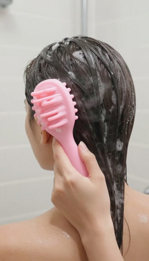 Woman using silicone scalp massager in shower with lather and warm light