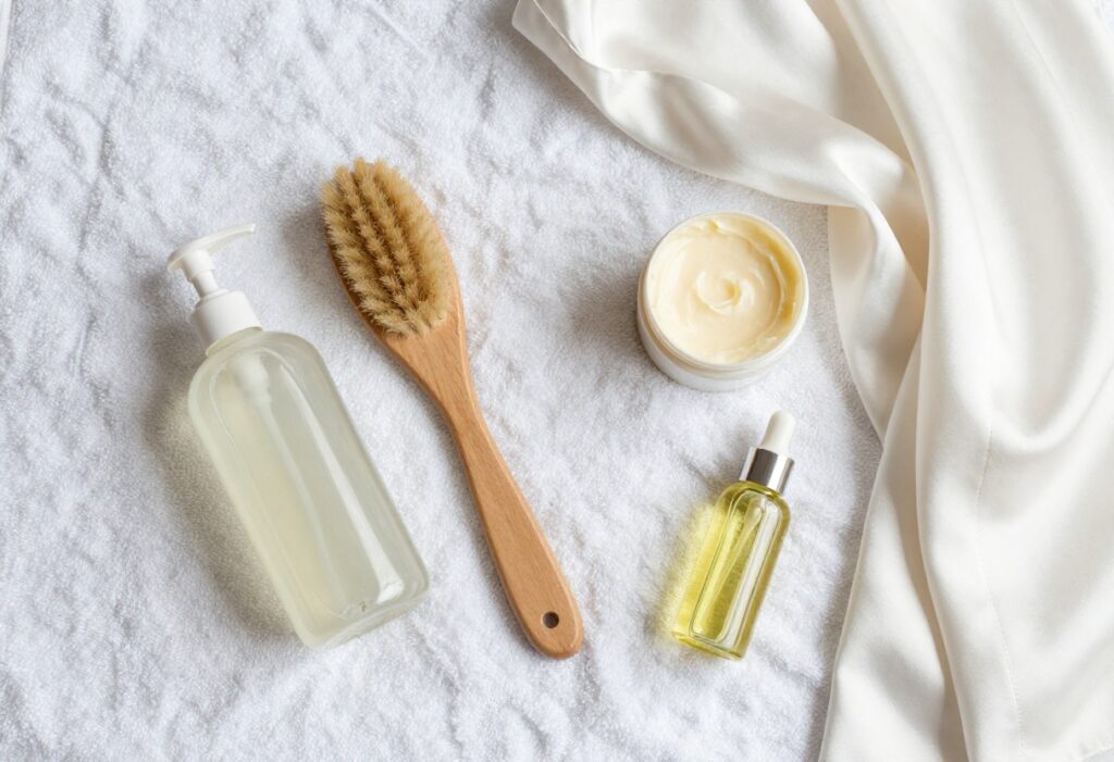 Flat lay of body care essentials including body wash, dry brush, body butter, body oil, and a silk robe on a white towel.