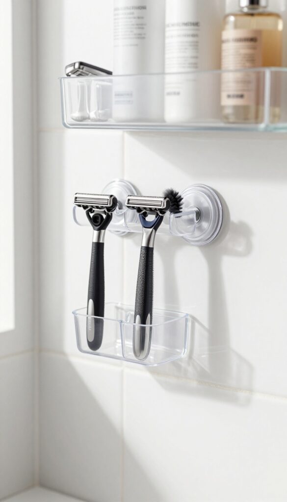 Suction cup toothbrush holder holding razors upright on a shower wall