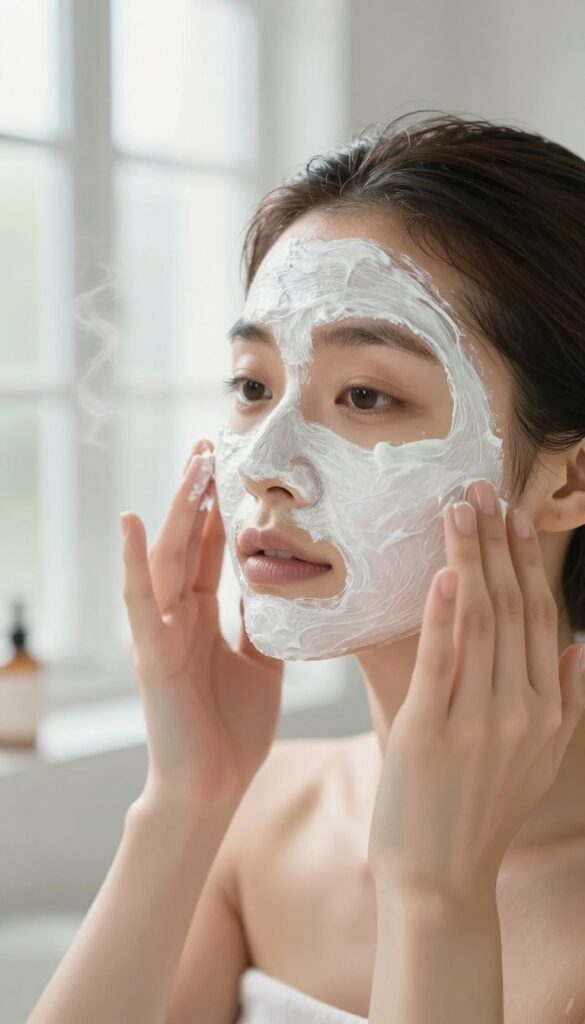 Woman applying clay face mask in steamy bathroom with natural light