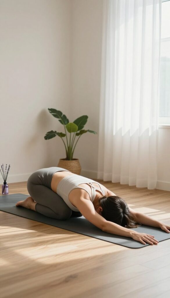 Person doing gentle yoga stretch in a bright, calming room with natural light and lavender diffuser