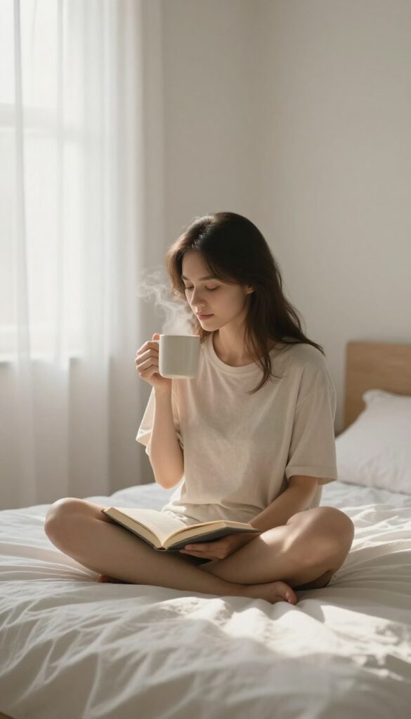 Woman enjoying a screen-free morning with a book and coffee in a peaceful bedroom