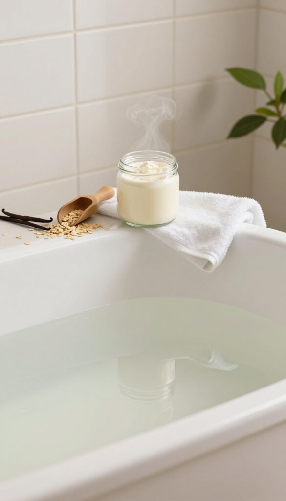 A warm bath soak with vanilla and oatmeal ingredients on the edge of a tub