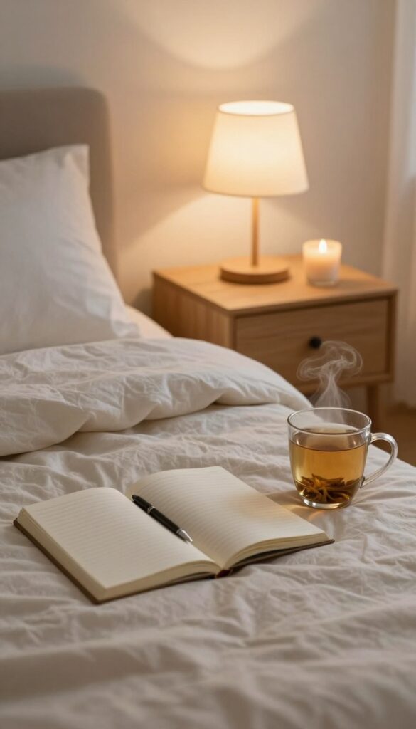 Cozy bedroom with notebook and pen for journaling, tea, candle, and blanket