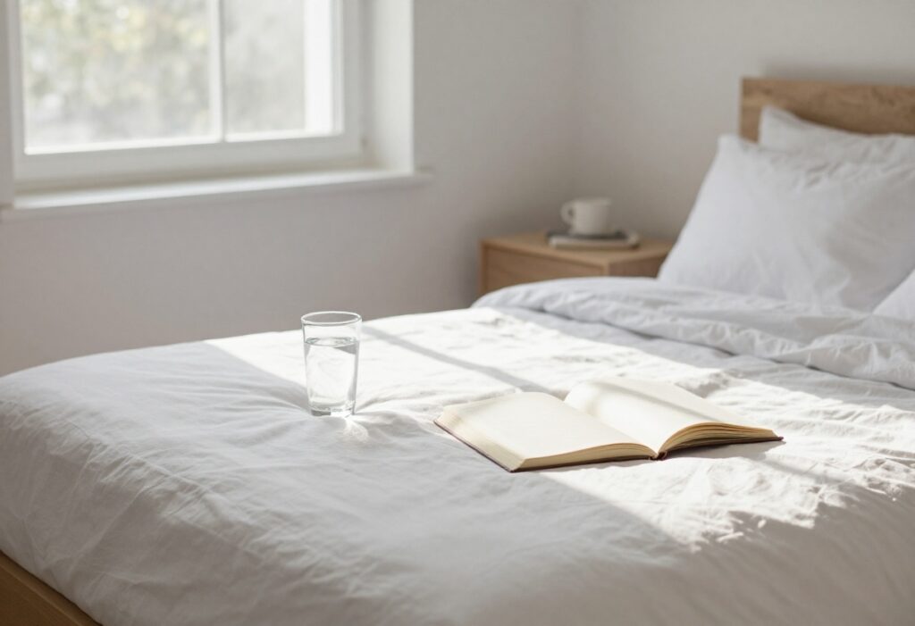Calm bedroom with made bed, water glass, and open journal in soft morning light