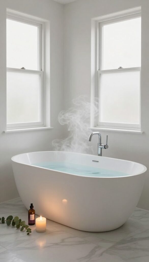 Warm bath with candle and lavender oil in a spa-like bathroom
