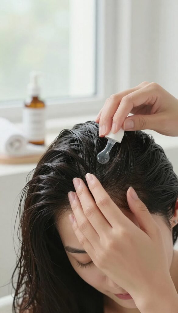 Woman applying scalp serum after shower, close-up of fingertips massaging damp scalp with soft natural light
