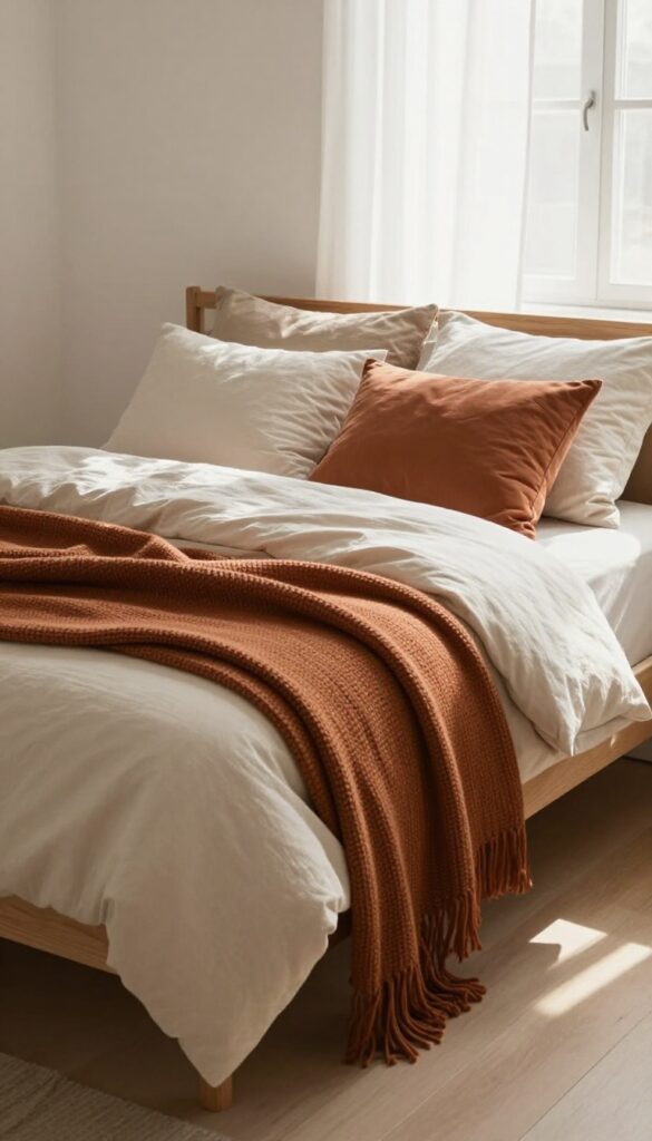 Cozy fall bedding with flannel sheets, chunky knit throw, and plush pillows in a serene bedroom with natural light.