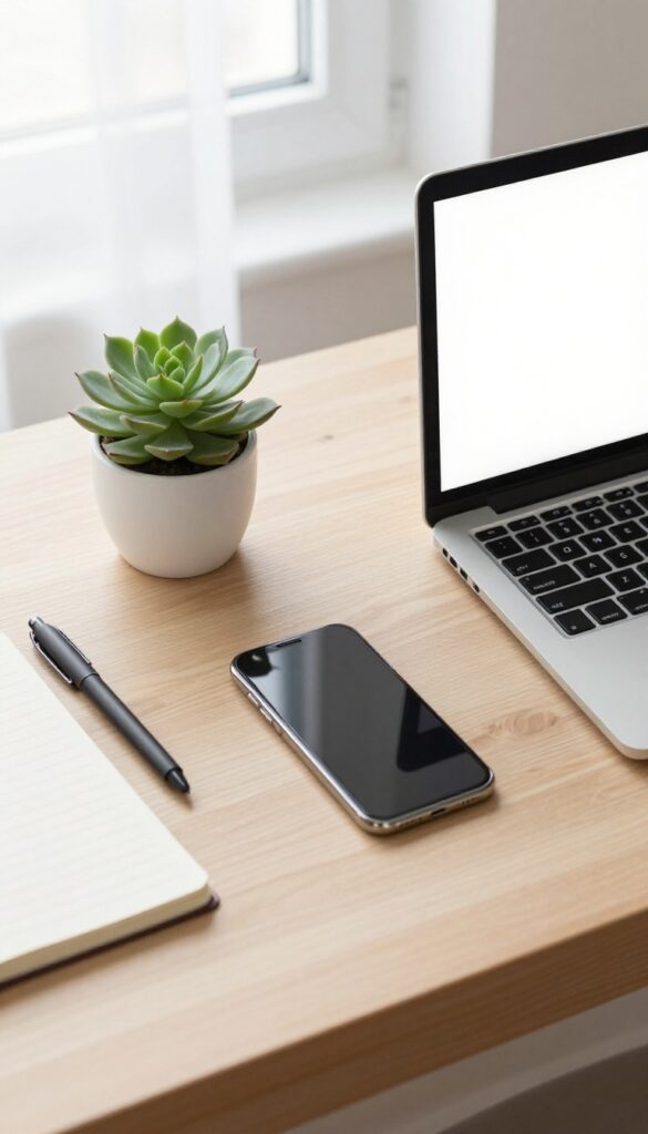 Clean minimalist desk with laptop, smartphone, succulent, and notebook in natural light