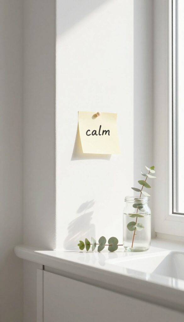 A sticky note with the word 'calm' on a bathroom mirror in soft morning light