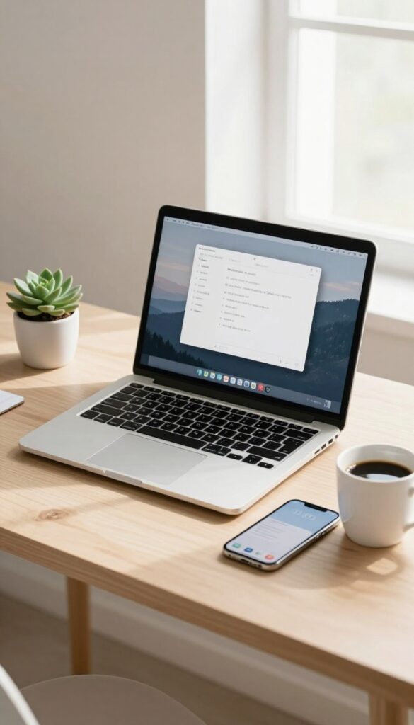 A clean desk with a laptop and smartphone, organized and clutter-free, representing digital decluttering for mental wellness.