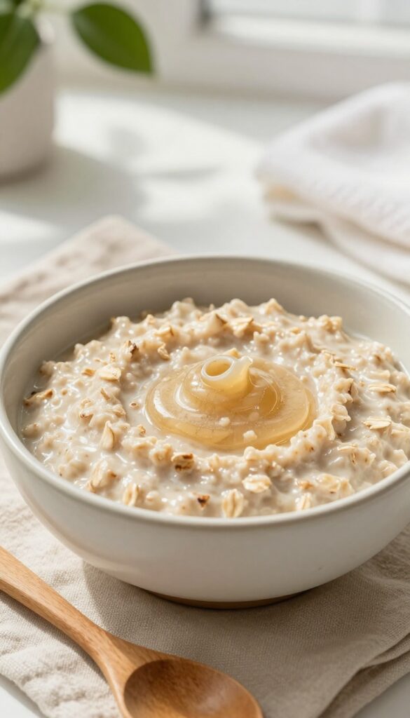 Bowl of oatmeal and honey face mask on linen cloth in natural light