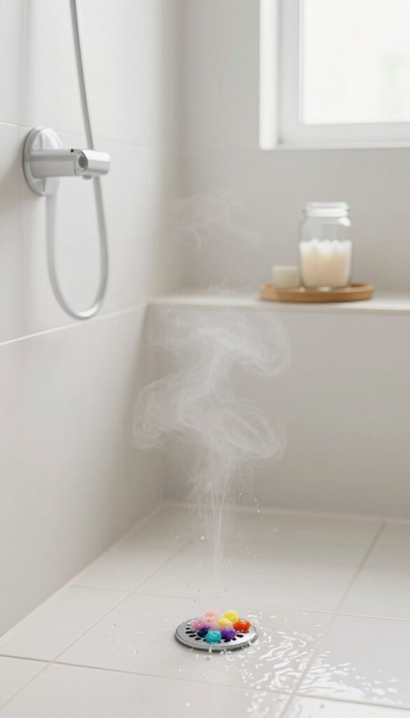 Shower steamer on bathroom floor dissolving under water spray, steam rising, with glass jar of steamers in background.