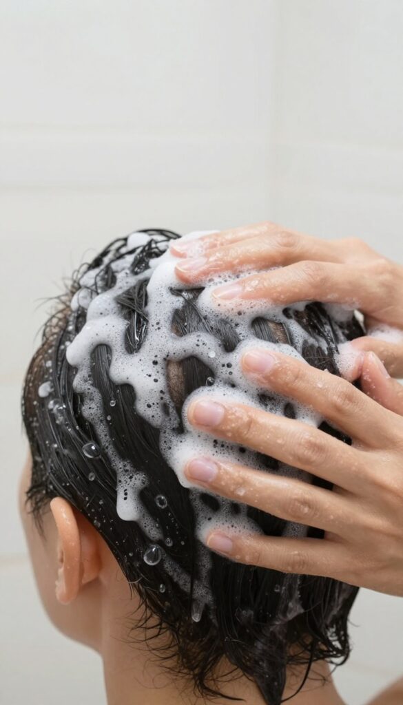 Scalp scrub being massaged into wet hair in the shower