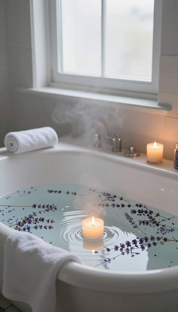 A warm bath with candles and lavender, creating a relaxing self-care evening scene.