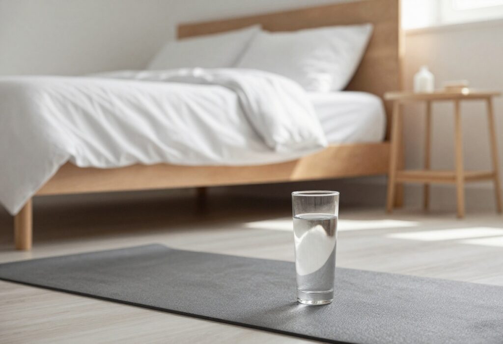 Cozy bedroom with yoga mat and glass of water for morning self-care