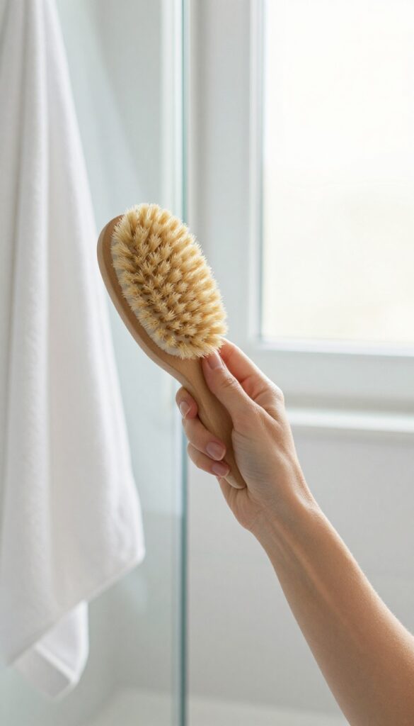 Woman dry brushing her arm before a shower in a bright, clean bathroom